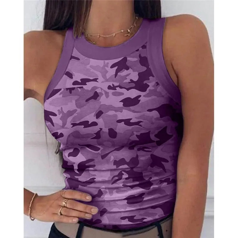 2023 Summer Women Print Top Fashion Women Casual Army Camo Camouflage Tank Sleeveless O-neck Slim Vest T-Shirts