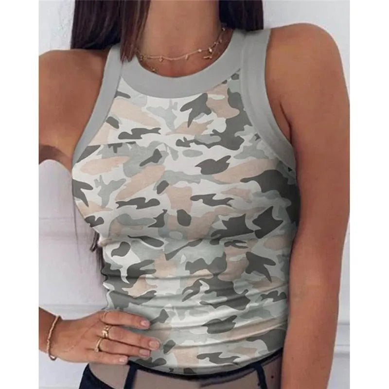 2023 Summer Women Print Top Fashion Women Casual Army Camo Camouflage Tank Sleeveless O-neck Slim Vest T-Shirts