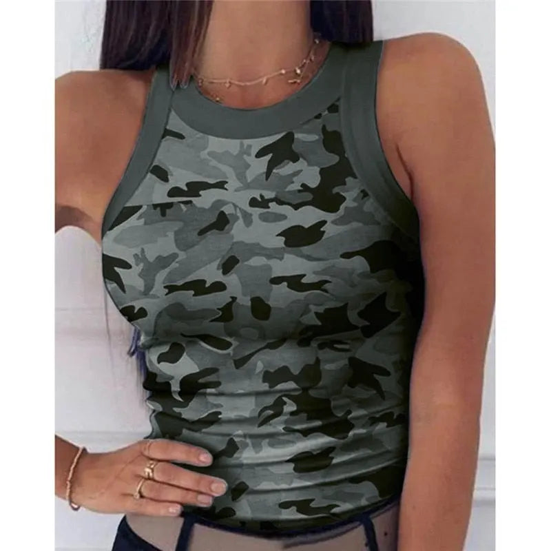 2023 Summer Women Print Top Fashion Women Casual Army Camo Camouflage Tank Sleeveless O-neck Slim Vest T-Shirts