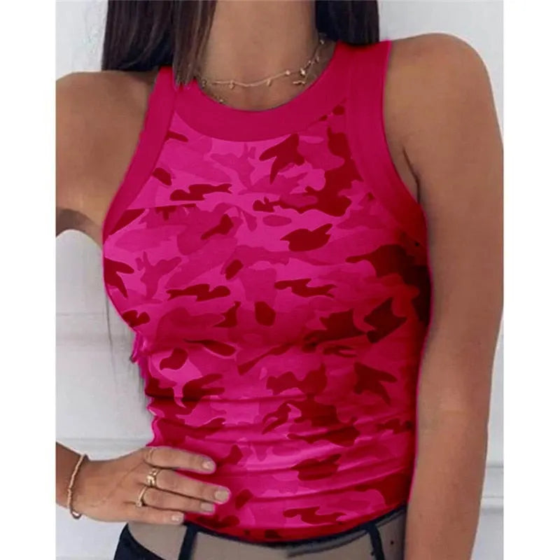 2023 Summer Women Print Top Fashion Women Casual Army Camo Camouflage Tank Sleeveless O-neck Slim Vest T-Shirts