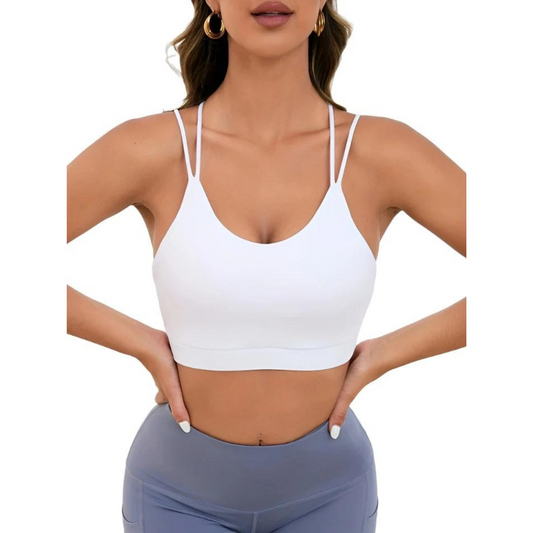 White Double Strap U-neck Sports Bra, Criss Cross Backless Tie Knot Fashion Yoga Fitness Workout Tank Top, Women's Activewear