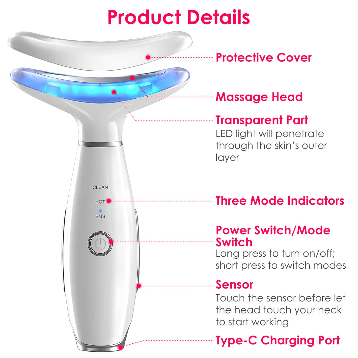 Anti Wrinkles Face Neck Massager Double Chin Reducer Face Neck Beauty Device Skin Care Tools with 3 Modes LED Vibration Heat EMS for Skin Care Tightening Lifting Smooth