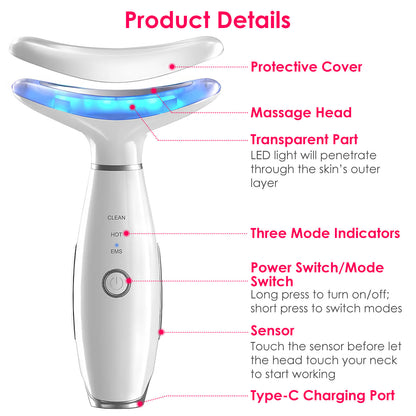 Anti Wrinkles Face Neck Massager Double Chin Reducer Face Neck Beauty Device Skin Care Tools with 3 Modes LED Vibration Heat EMS for Skin Care Tightening Lifting Smooth