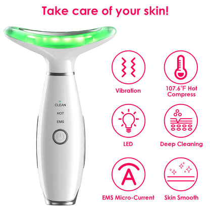 Anti Wrinkles Face Neck Massager Double Chin Reducer Face Neck Beauty Device Skin Care Tools with 3 Modes LED Vibration Heat EMS for Skin Care Tightening Lifting Smooth